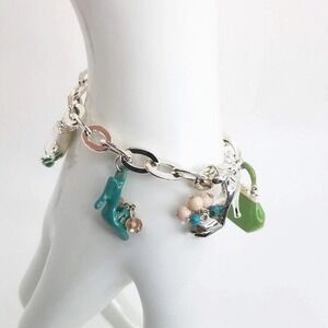 Fashion Charm Bracelet‎ Silver Tone Green Purse Teal Shoe Beaded Toggle Clasp